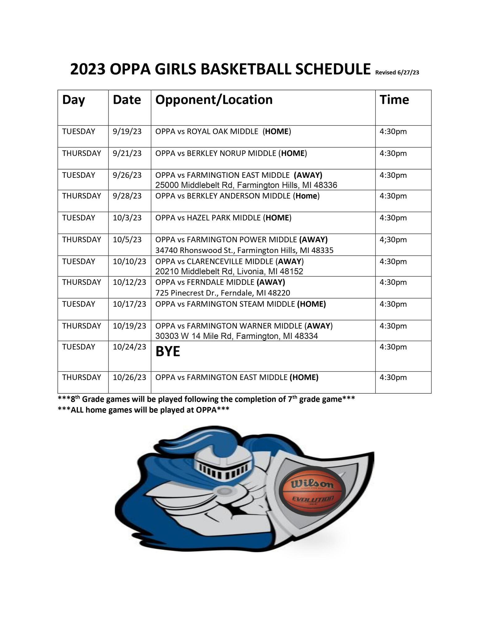 Girls basketball schedule 