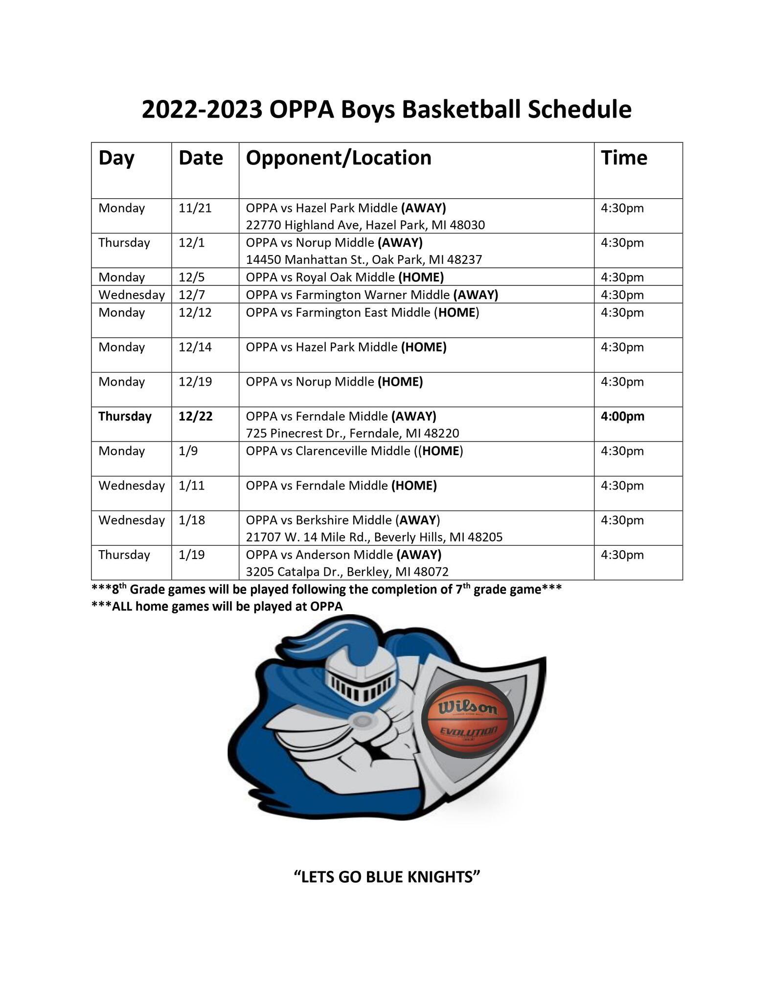 Boys basketball schedule 